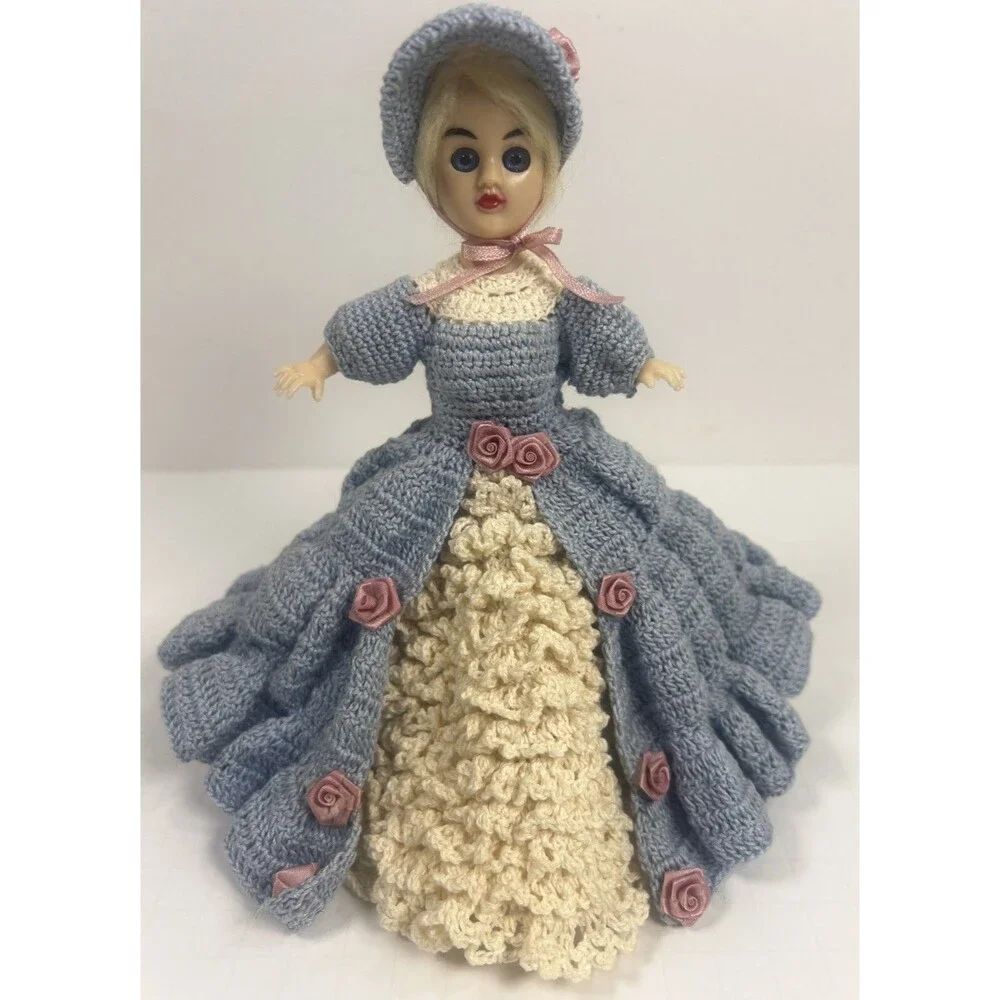 Vintage Plastic Doll Handmade Crocheted Blue DressBlonde Hair Blue Blinking Eyes